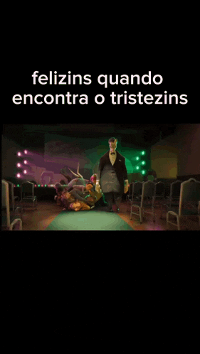 a cartoon of a man in a suit and bow tie with the words felizins quando encontra o tristezins