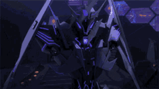 a pixelated image of a robot with a purple background