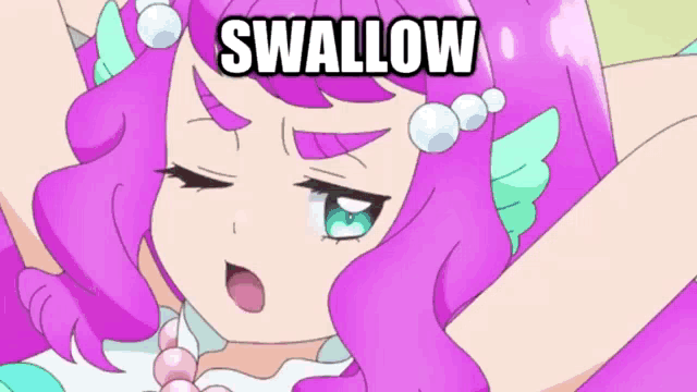 a cartoon girl with purple hair and the word swallow written on it
