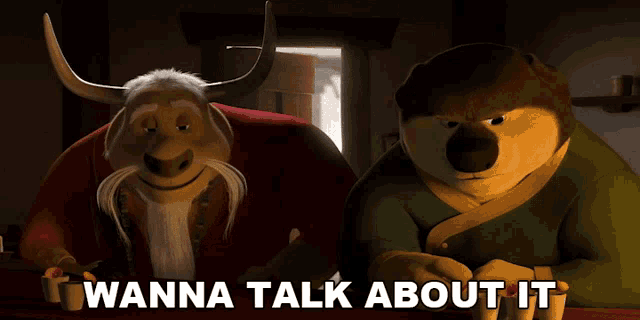 two cartoon characters sitting next to each other with the words " wanna talk about it " below them