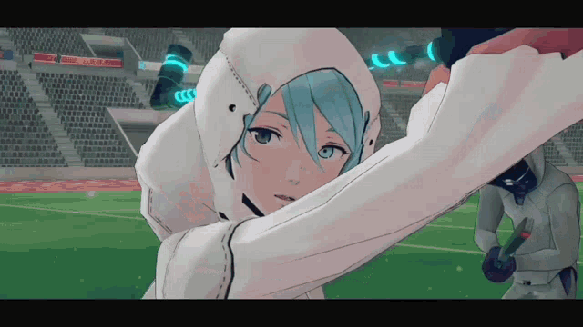 a girl with blue hair and a white hoodie is standing in a stadium