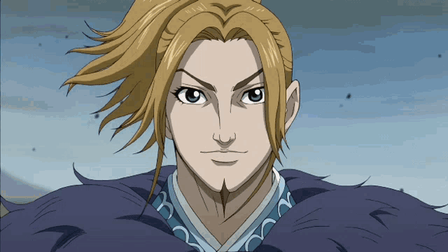 a cartoon character with blonde hair and blue eyes is wearing a blue and white shirt
