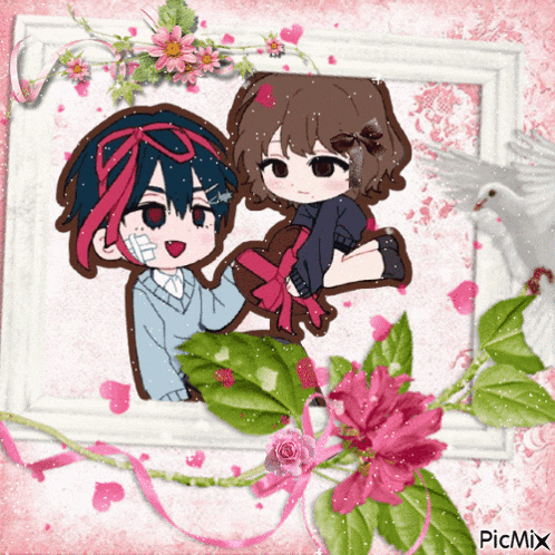 a picture of a boy holding a girl in a picture frame with flowers and a white bird