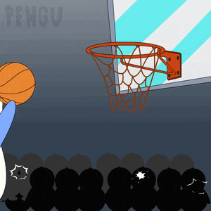 a cartoon of a penguin holding a basketball in front of a basketball hoop that says pengu