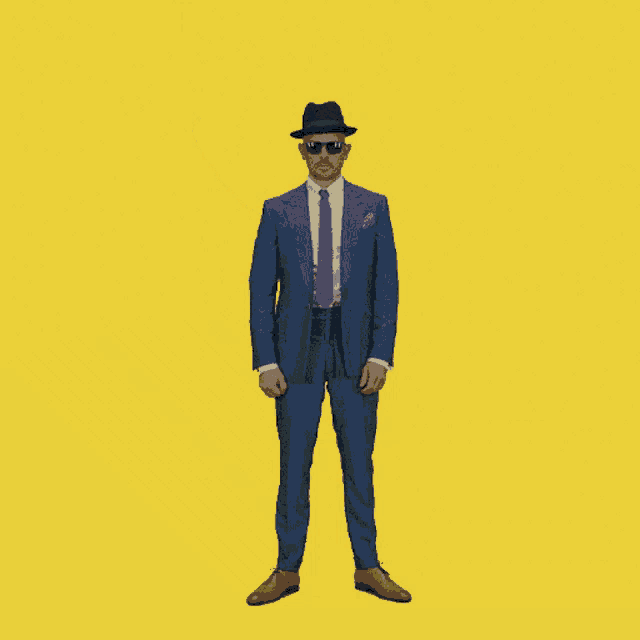 a man in a blue suit and top hat is raising his fist in the air