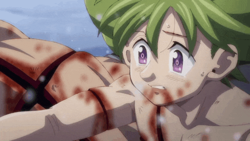 a green haired anime character with purple eyes is laying down