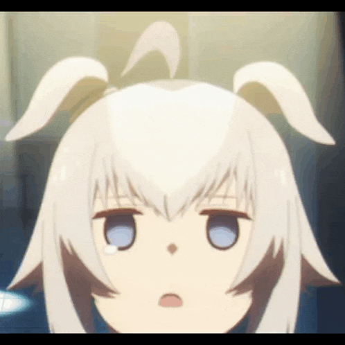 a close up of a anime girl 's face with white hair and blue eyes .