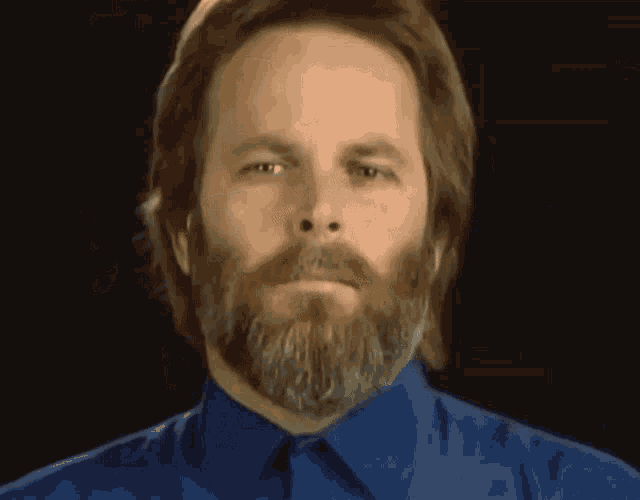 a man with a beard wearing a blue shirt looks at the camera