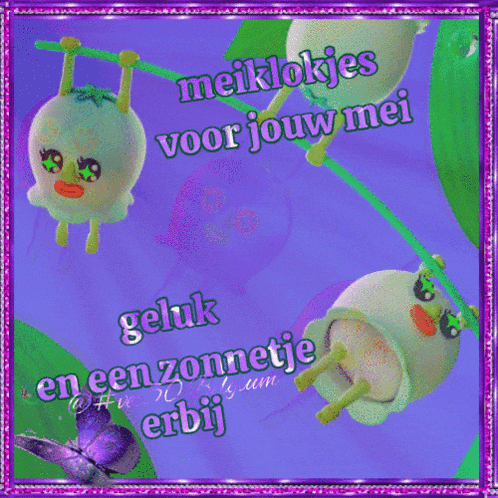 a purple and green greeting card with shrek marshmallows and the words meiklokjes voor jouw mei