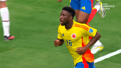 a soccer player wearing a yellow and red jersey with the number 16 on it