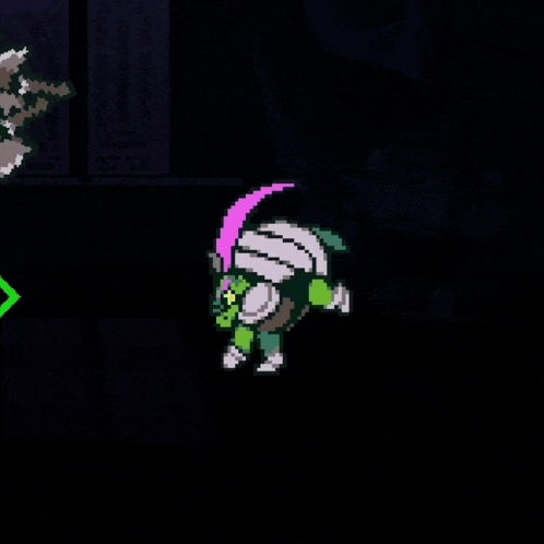 a pixel art of a person holding an umbrella in a dark room with a green arrow pointing to the right .