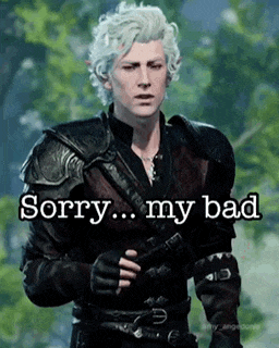 a man with white hair is standing in a forest and saying sorry ... my bad .