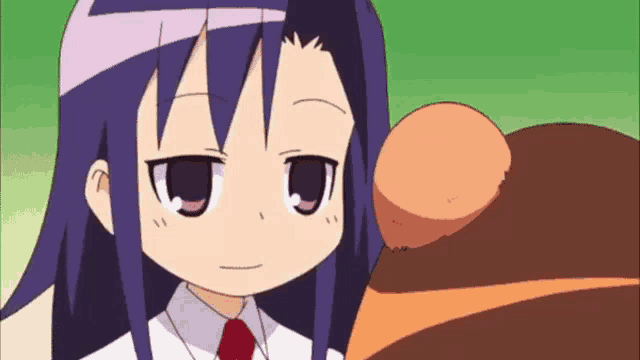 a cartoon girl with purple hair and a red tie is looking at another cartoon character .