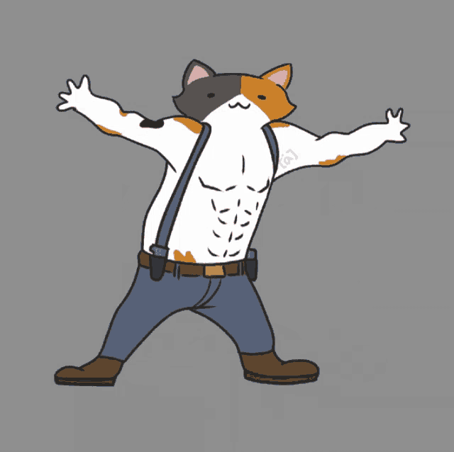 a calico cat with suspenders and a gun on his belt