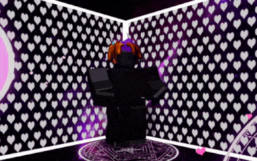 a cartoon character is standing in front of a wall with white hearts on it