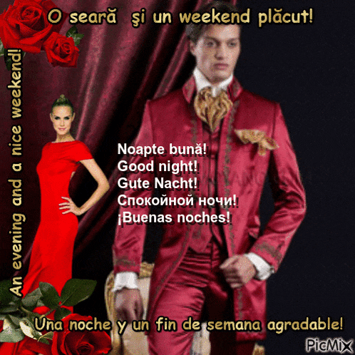 a man in a red suit stands next to a woman in a red dress and roses