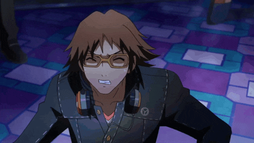 a cartoon of a man with glasses and a black suit