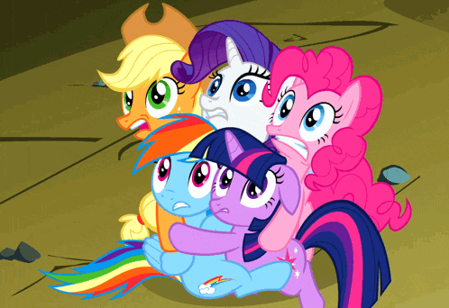 a group of ponies are hugging each other including rainbow dash