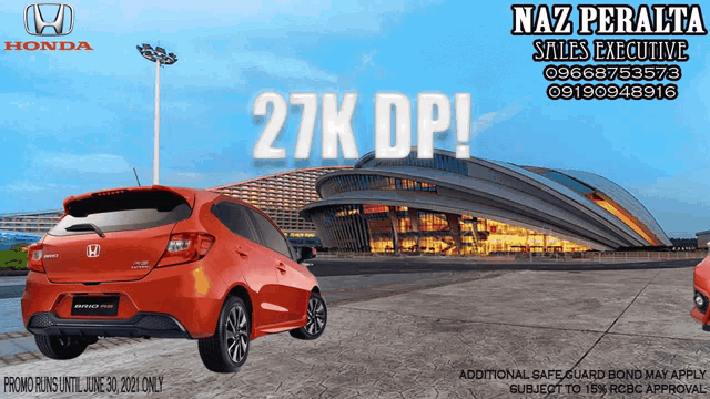 an advertisement for a red honda car with 27k dp
