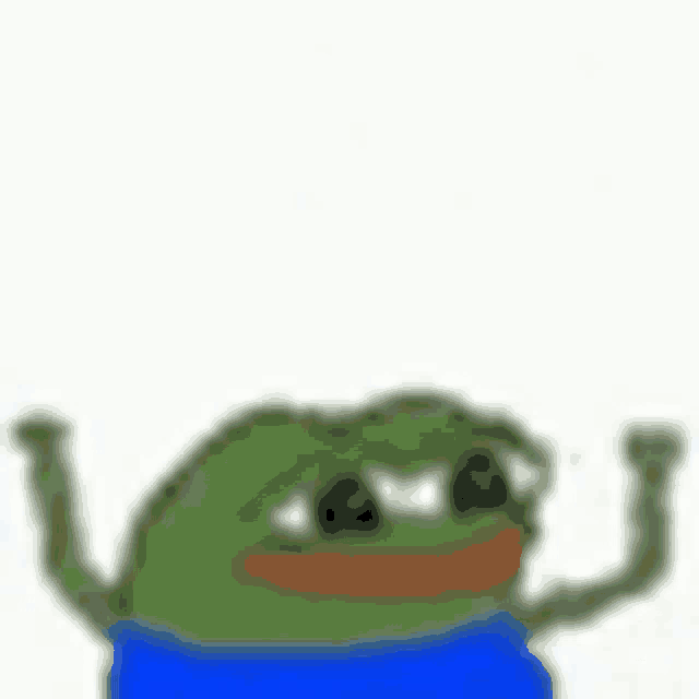 a green frog wearing a blue shirt is making a funny face and looking at the camera .