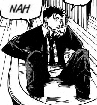 a black and white drawing of a man in a suit and tie sitting on a table .