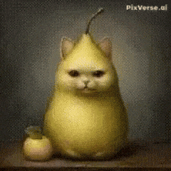 a cat shaped like a pear is sitting next to an apple