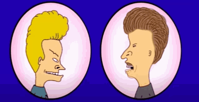 two beavis and butthead cartoon characters are standing next to each other