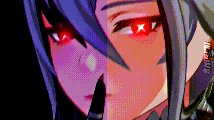 a close up of a person 's face with red eyes and a knife in their mouth .