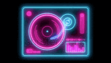 a neon sign of a record player with a record on it on a black background .