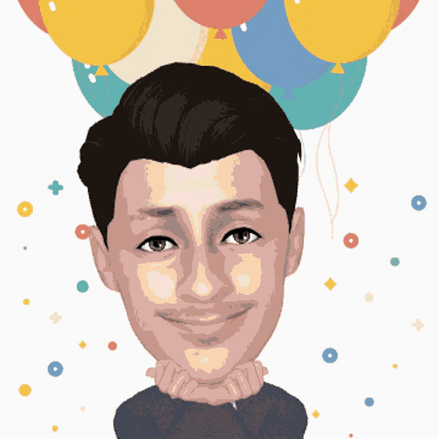 a caricature of a man with balloons behind him