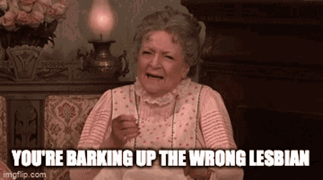 an elderly woman is sitting in a chair with the words you 're barking up the wrong lesbian on the bottom