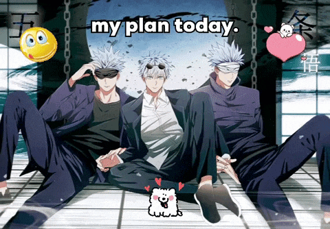 three anime characters sitting on a tiled floor with the words my plan today written above them