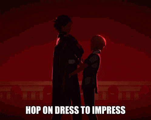 a couple of anime characters standing next to each other with the words hop on dress to impress on the bottom