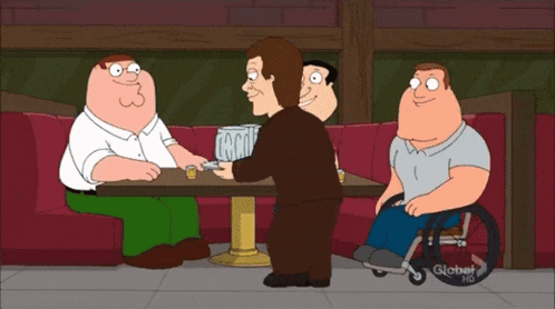a cartoon of peter griffin sitting at a table with two other men and a man in a wheelchair