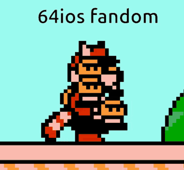 a pixel art of a cartoon character with the words 64ios fandom on the bottom