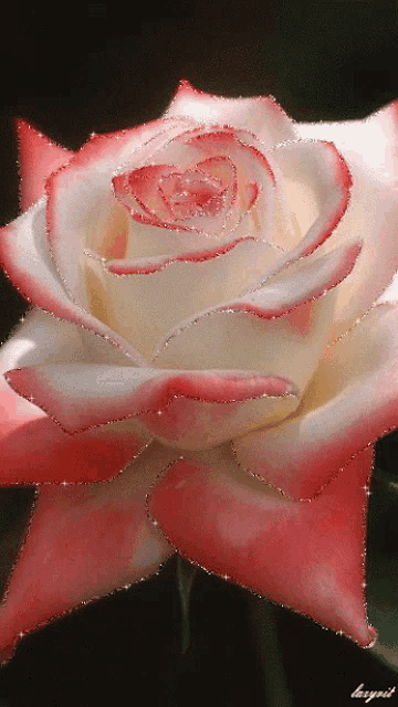 a close up of a pink and white rose with the name lynnit on the bottom left