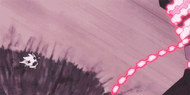 a cartoon character is flying through the air with a pink lightning bolt