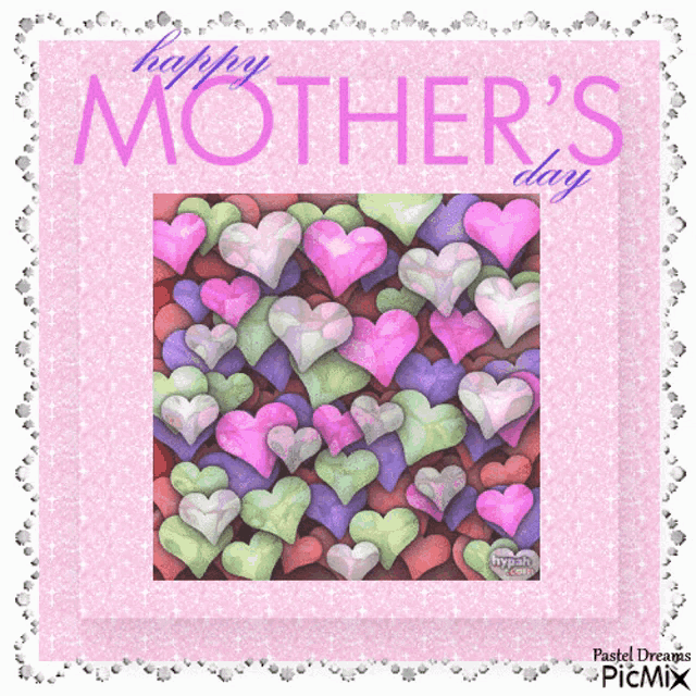 a happy mother 's day greeting card with pink and green hearts on a pink background