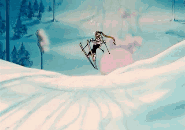 a cartoon character is skiing down a snowy slope