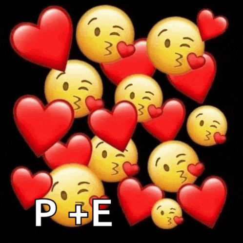 a bunch of smiley faces surrounded by red hearts with the letter p + e in the middle