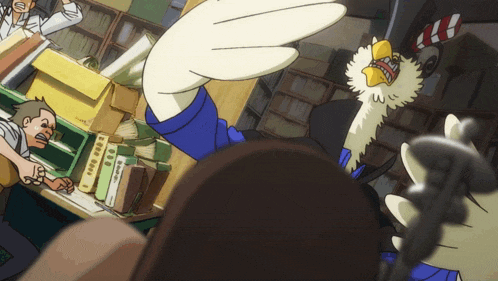 a cartoon drawing of a bird with a hat and gloves standing in a library