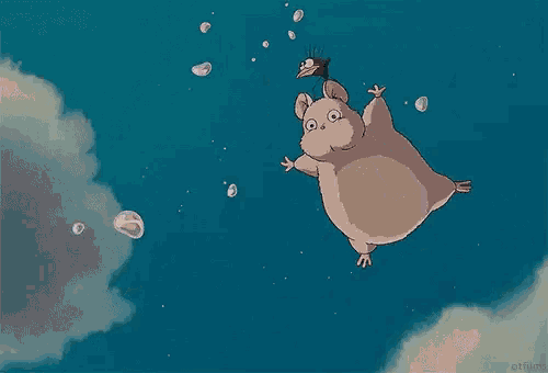a cartoon pig is flying through the air with bubbles coming out of it 's mouth .