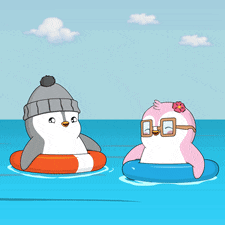 two penguins are floating in the ocean one wearing a hat and glasses
