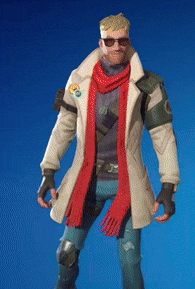 a man wearing a white coat and a red scarf stands in front of a blue background