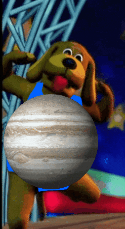 a cartoon dog with a blue shirt and a large planet in his belly