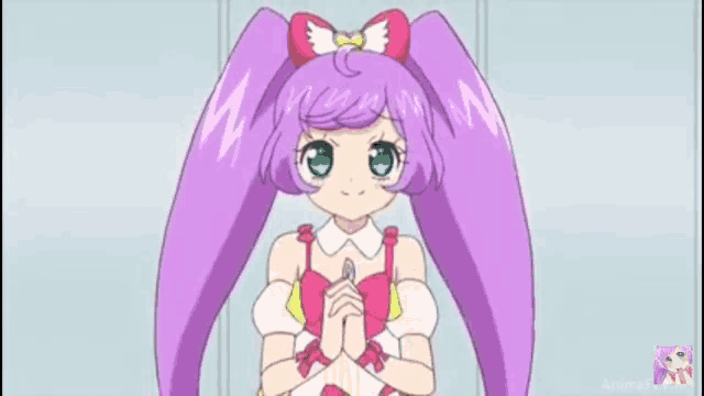 a cartoon of a girl with purple hair says " bien "