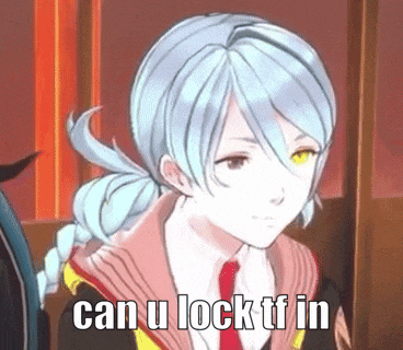a girl with blue hair and yellow eyes is sitting in a chair with the words can u lock tf in above her .