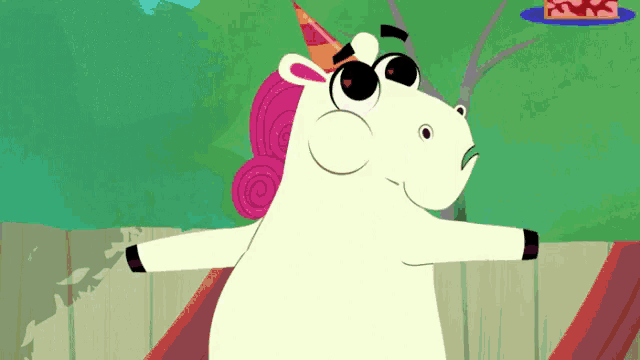 a unicorn wearing sunglasses and a party hat