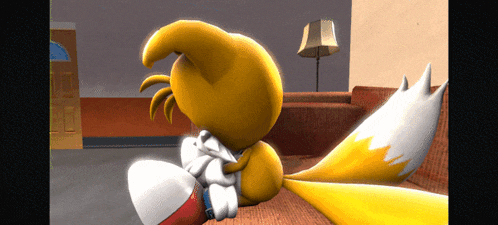 a cartoon character is sitting on a couch