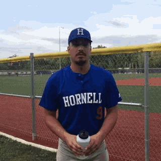 a baseball player wearing a blue jersey that says hornell on it